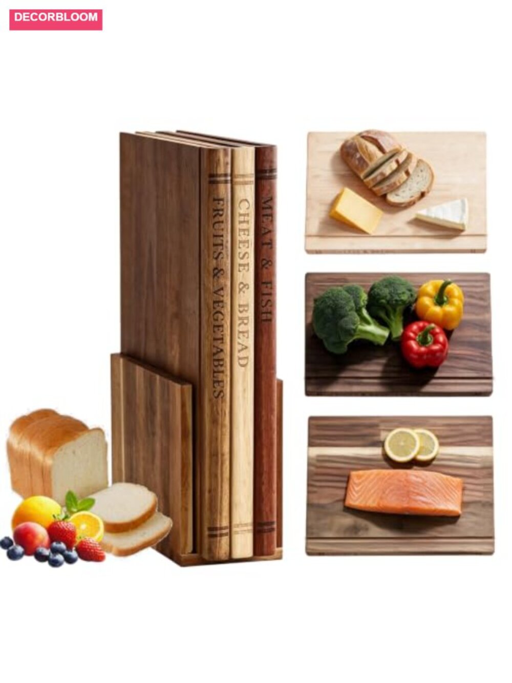 Acacia Wood Book Shaped Cutting Board Set of 3 with Stand Holder